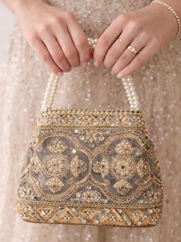 SUGARFRILL - Floral Embroidered Mirror Work Pearl Handle Potli Bag