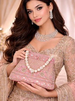 SUGARFRILL - Floral Embroidered Pink Pearl Handle Potli Bag