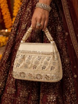SUGARFRILL - Elegant Beige Floral Embroidered Pearl Handle Ethnic Potli Bag