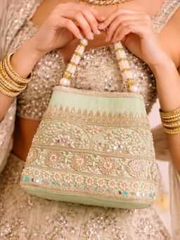 SUGARFRILL - Mint Green Floral Embroidered Pearl Handle Mirror Work Potli Bag