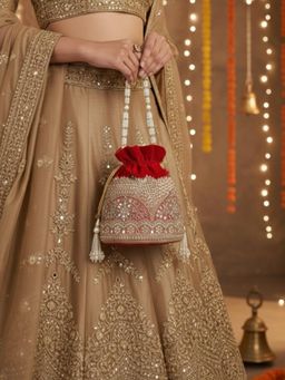 SUGARFRILL - Red Velvet Pearl Floral Embroidered Bridal Potli Bag