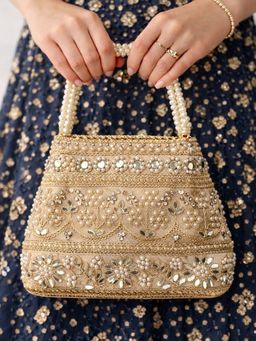 SUGARFRILL - Beige Pearl Mirror Work Floral Embroidered Ethnic Potli Bag