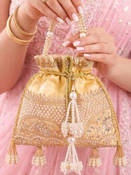 SUGARFRILL - Pearl Floral Embroidered Mirror Work Tassels Beaded Handle Potli Bag