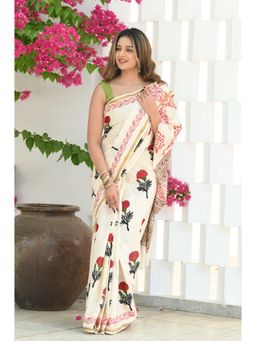 Beatitude - Off White Cotton Hand Block Saree with Unstitched Blouse