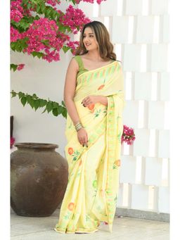 Beatitude - Yellow Cotton Hand Block Saree with Unstitched Blouse