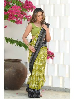 Beatitude - Green Cotton Hand Block Saree with Unstitched Blouse