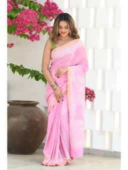 Beatitude - Pink Cotton Hand Block Saree with Unstitched Blouse