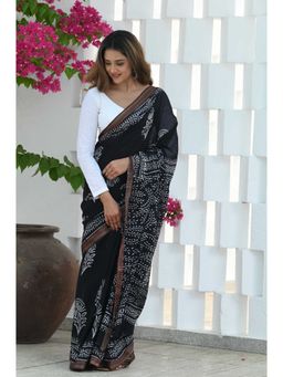 Beatitude - Black Cotton Hand Block Saree with Unstitched Blouse