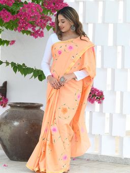 Beatitude - Peach Cotton Hand Block Saree with Unstitched Blouse