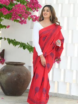 Beatitude - Red Cotton Hand Block Saree with Unstitched Blouse