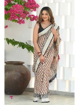 Beatitude - Multicolor Linen Hand Block Saree with Unstitched Blouse