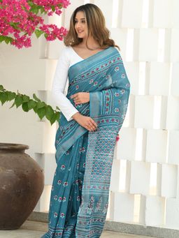 Beatitude - Blue Linen Hand Block Saree with Unstitched Blouse