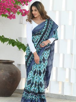 Beatitude - Blue Linen Hand Block Saree with Unstitched Blouse