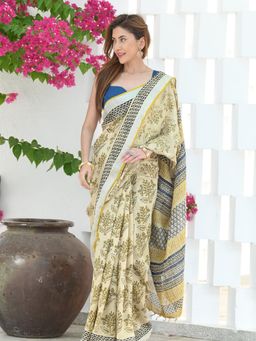 Beatitude - Yellow Linen Hand Block Saree with Unstitched Blouse