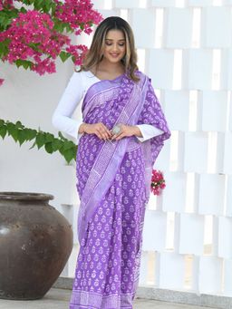 Beatitude - Lavender Linen Hand Block Saree with Unstitched Blouse