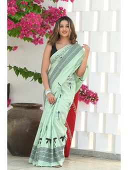 Beatitude - Green Mul Cotton Hand Block Saree with Unstitched Blouse
