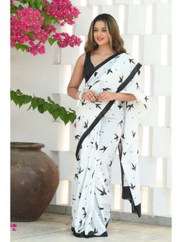 Beatitude - White Mul Cotton Hand Block Saree with Unstitched Blouse