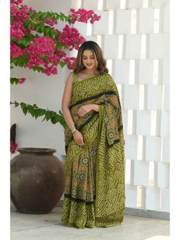 Beatitude - Green Mul Cotton Hand Block Saree with Unstitched Blouse