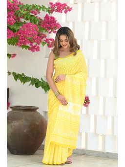 Beatitude - Yellow Mul Cotton Hand Block Saree with Unstitched Blouse