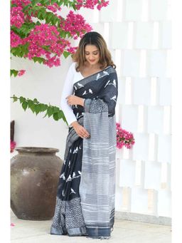 Beatitude - Blue Mul Cotton Hand Block Saree with Unstitched Blouse