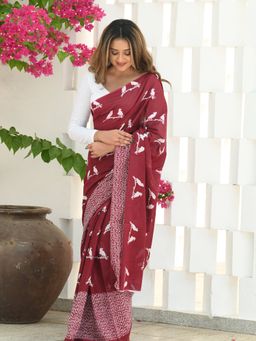 Beatitude - Red Mul Cotton Hand Block Saree with Unstitched Blouse
