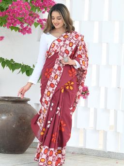 Beatitude - Red Mul Cotton Hand Block Saree with Unstitched Blouse