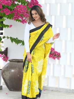 Beatitude - Yellow Mul Cotton Hand Block Saree with Unstitched Blouse
