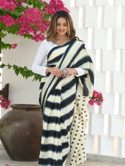 Beatitude - Multicolor Mul Cotton Striped Saree with Unstitched Blouse