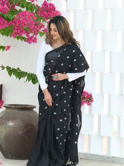 Beatitude - Black Khadi Floral Embroidered Saree with Unstitched Blouse