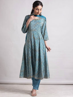 Indya - Blue Foil Print Muslin Anarkali Kurta with Pants and Dupatta (Set of 3)