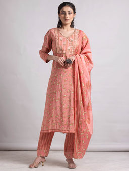 Indya - Peach Embroidered Yoke Muslin Kurta with Pants and Dupatta (Set of 3)