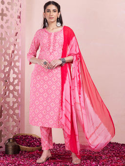 Indya - Pink Bandhani Print Cotton Kurta with Pants and Dupatta (Set of 3)