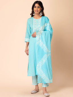 Indya - Pastel Blue Batik Print Cotton Kurta with Pants and Dupatta (Set of 3)