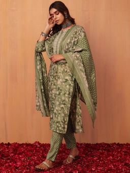 Indya - Light Green Printed Muslin Kurta with Pants and Dupatta (Set of 3)