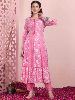 Indya - Blue Floral Print Mirror Embroidered Cotton Anarkali Kurta and Pants (Set of 2)