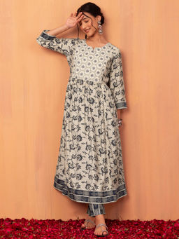 Indya - Off White and Grey Floral Print Chanderi Anarkali Kurta with Pant (Set of 2)