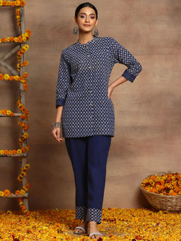Indya - Navy Blue Schiffli Cotton Kurti with Pants (Set of 2)