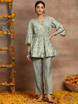 Indya - Light Green Printed Kurti with Pants and Belt (Set of 3)