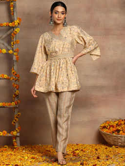 Indya - Beige Printed Kurti with Pants and Belt (Set of 3)