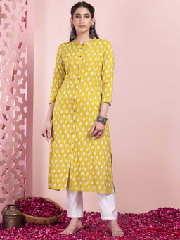 Indya - Yellow Ikat Print Front Slit Rayon Kurta