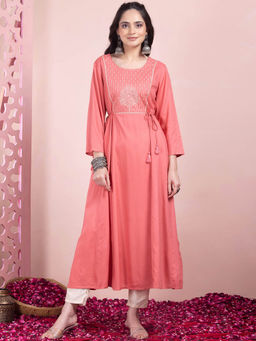 Indya - Peach Zari Embroidered Rayon Kurta