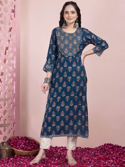Indya - Navy Blue Floral Print Zari Embroidered Rayon Kurta