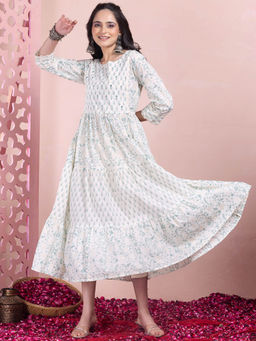 Indya - Off White Floral Jaal Print Cotton Dress