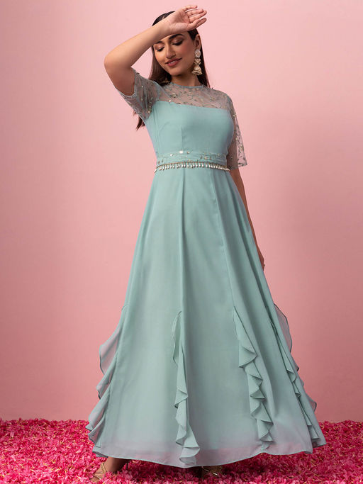 Buy Indya Pastel Green Sequin Embroidered Anarkali Dress with Embroidered  Belt (Set of 2) Online