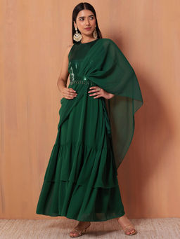 Indya - Dark Green Pre-Drape Saree with Attached Sequinned Blouse and Belt
