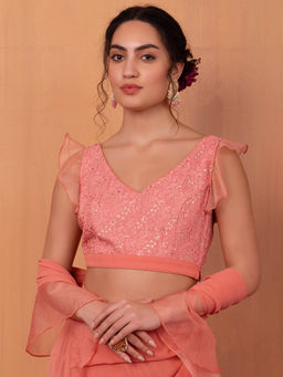 Indya - Pastel Peach Sequin Embroidered Ruffle Sleeve Blouse