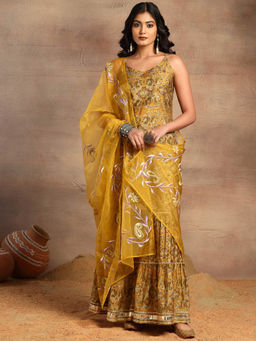 Indya - Yellow Batik Print Tiered Sharara with Strappy Kurta and Dupatta (Set of 3)