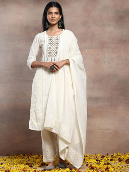 Indya - Ivory Mirror Embroidered Schiffli Cotton Kurta with Pants and Dupatta (Set of 3)