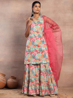 Indya - Green Floral Print Cotton Tiered Sharara with Kurta and Dupatta (Set of 3)