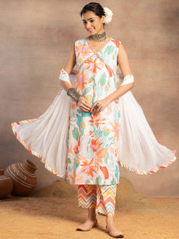 Indya - Ivory Tropical Print Muslin Kurta with Pant and Dupatta (Set of 3)